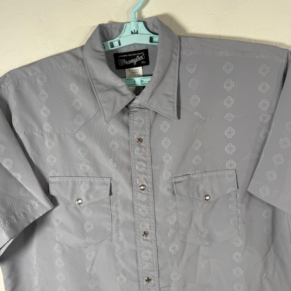 Wrangler Shirt Mens XL Grey Short Sleeve Pearl Snap Western Cowboy Geometric